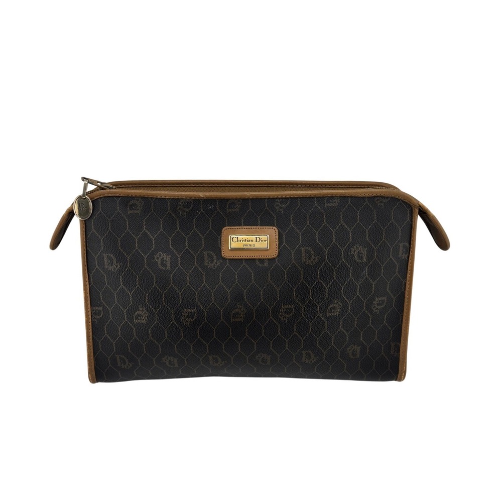 Christian Dior Vintage Honeycomb Monogram Clutch Bag Brown Leather Trim France